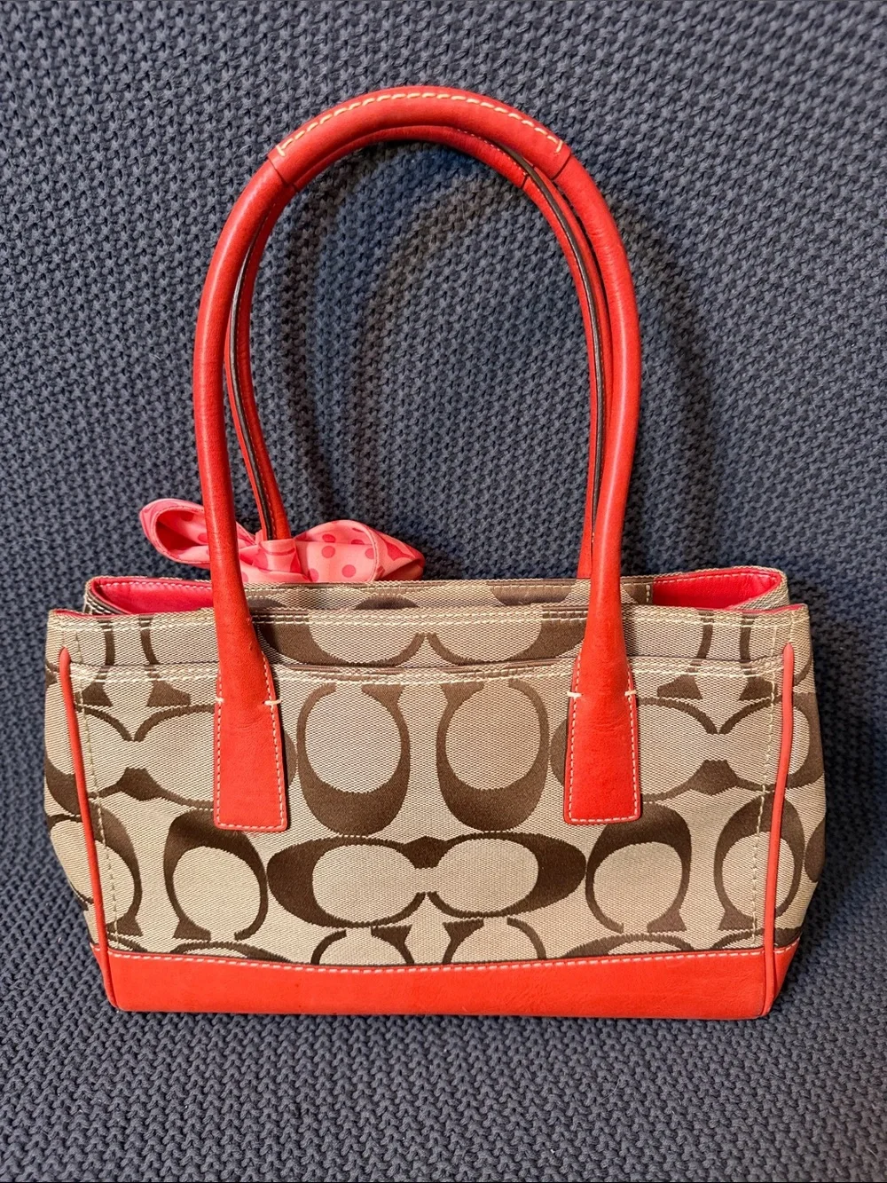 Coach Beige Signature Satchel with Coral Leather Trim and Coral Scarf